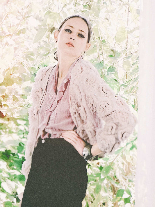 Vintage 1960s Pale Pink Rose & Sequin Chiffon Jacket - Size 10/12