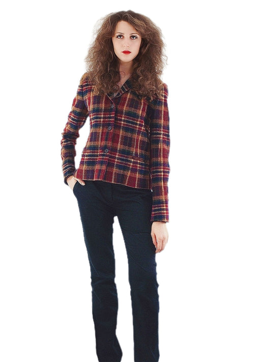 Vintage Mulberry Burgundy Plaid Tweed Jacket - Size 14