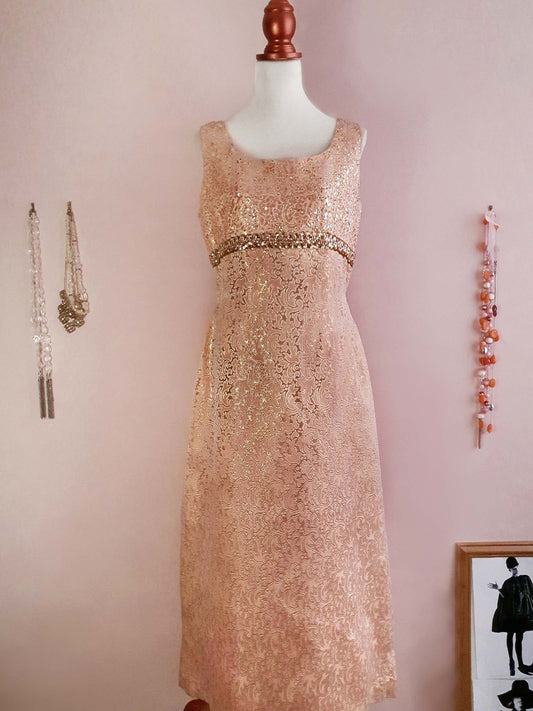 Glamorous Vintage 1960s Peach and Gold Brocade Cocktail Gown Dress - Size 14/16