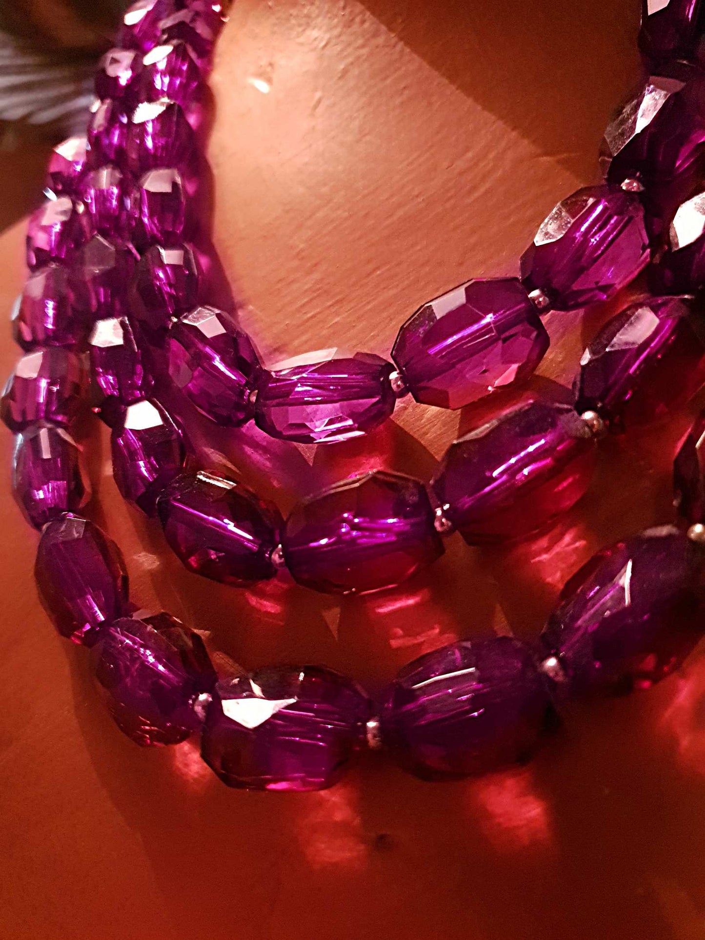 Gorgeous Vintage 1990s Chunky Purple Wine Bead Three Layered Necklace