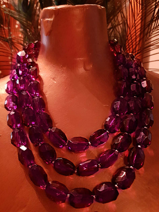Gorgeous Vintage 1990s Chunky Purple Wine Bead Three Layered Necklace