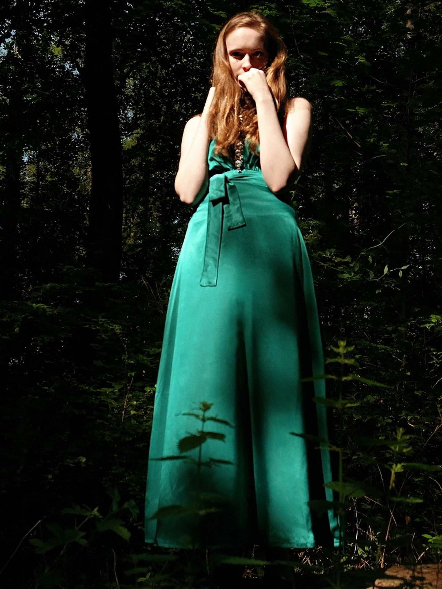 Beautiful 1980s Vintage Emerald Green Satin Hollywood Evening Gown Dress - Size 10