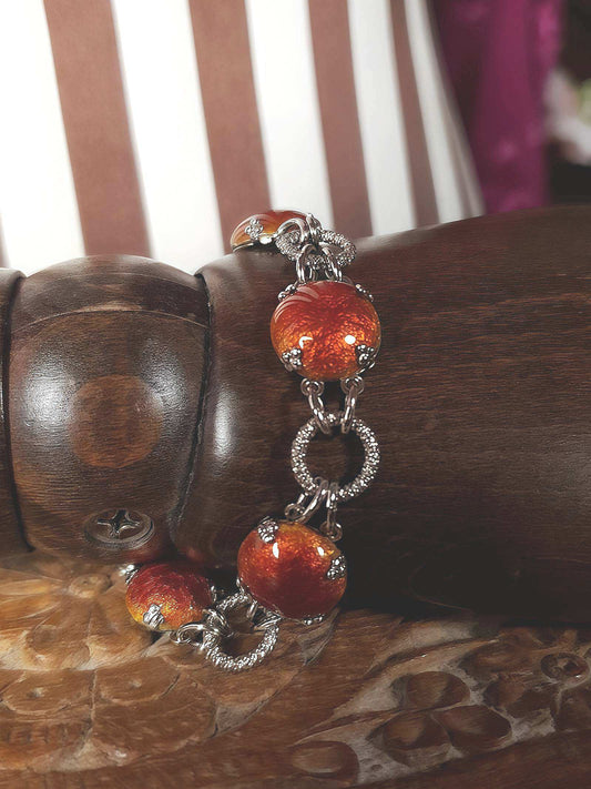 Vintage 1980s Cabochon Bracelet Deep Orange Silver Tone