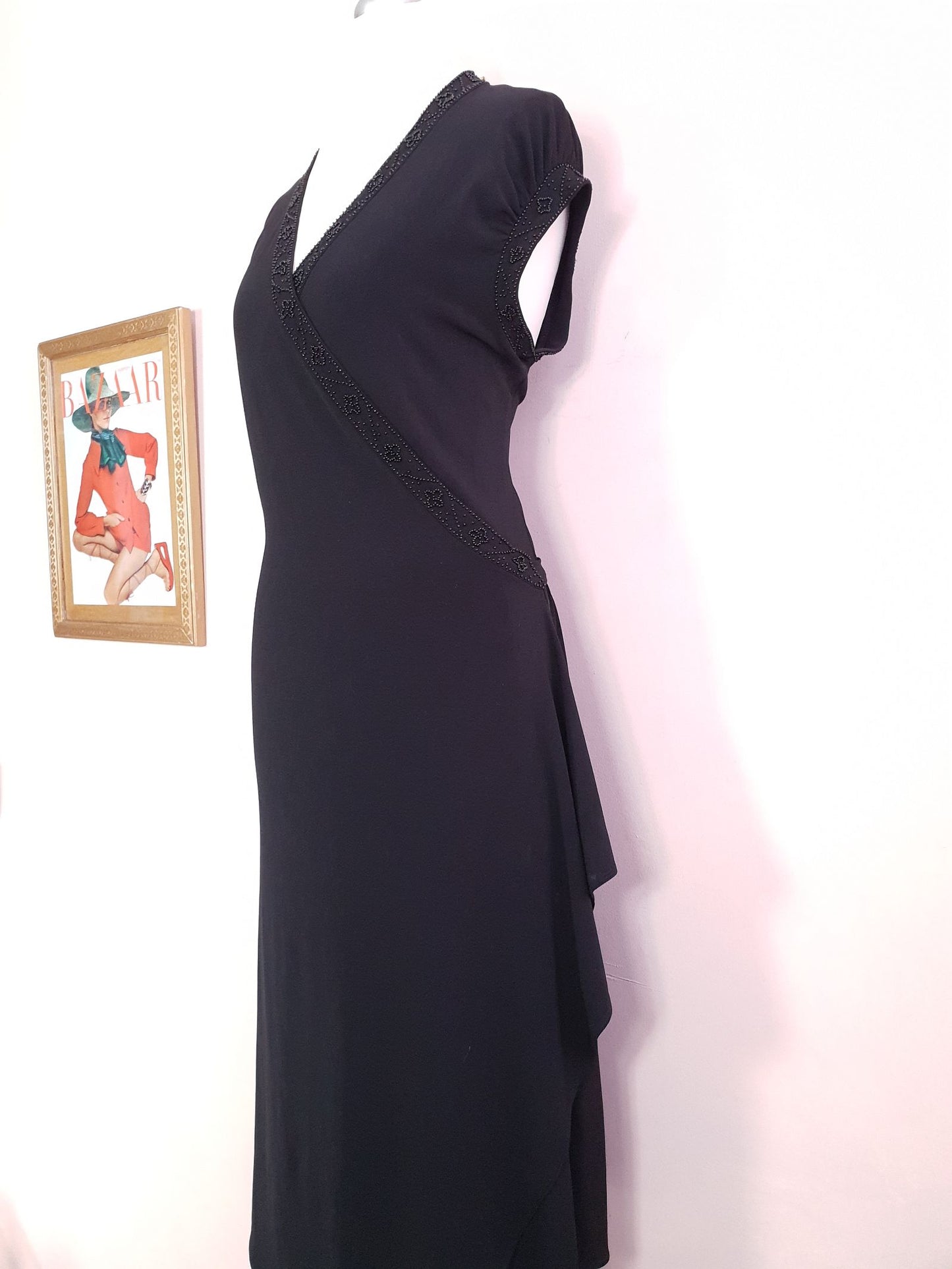 Vintage Laura Ashley Black Beaded Wrap Dress Midi - Size 14/16 LBD