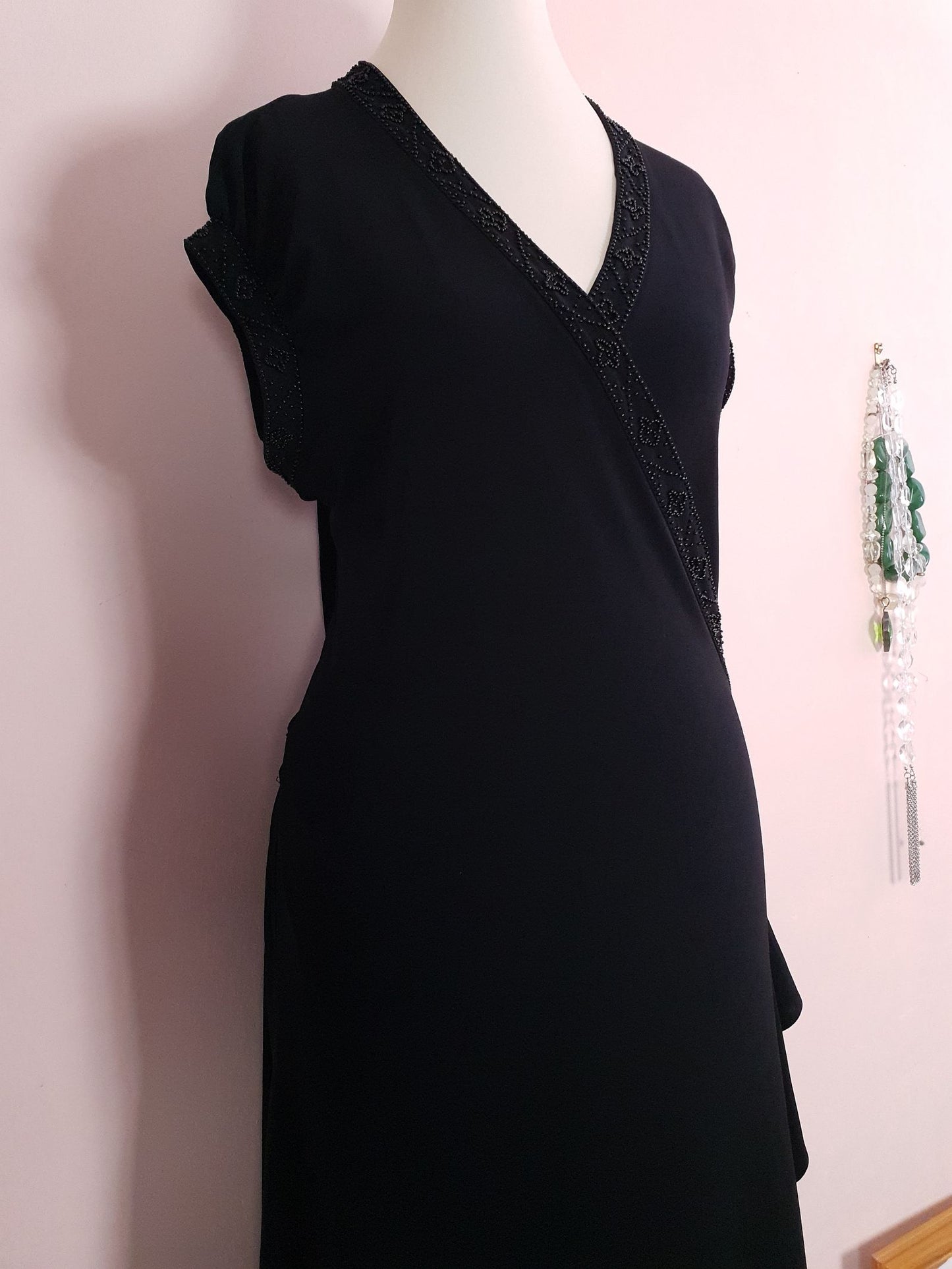 Vintage Laura Ashley Black Beaded Wrap Dress Midi - Size 14/16 LBD