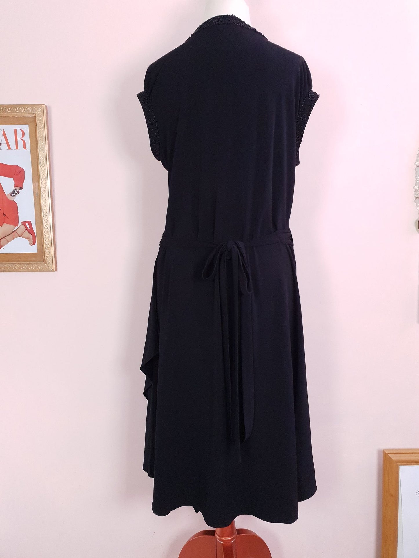 Vintage Laura Ashley Black Beaded Wrap Dress Midi - Size 14/16 LBD