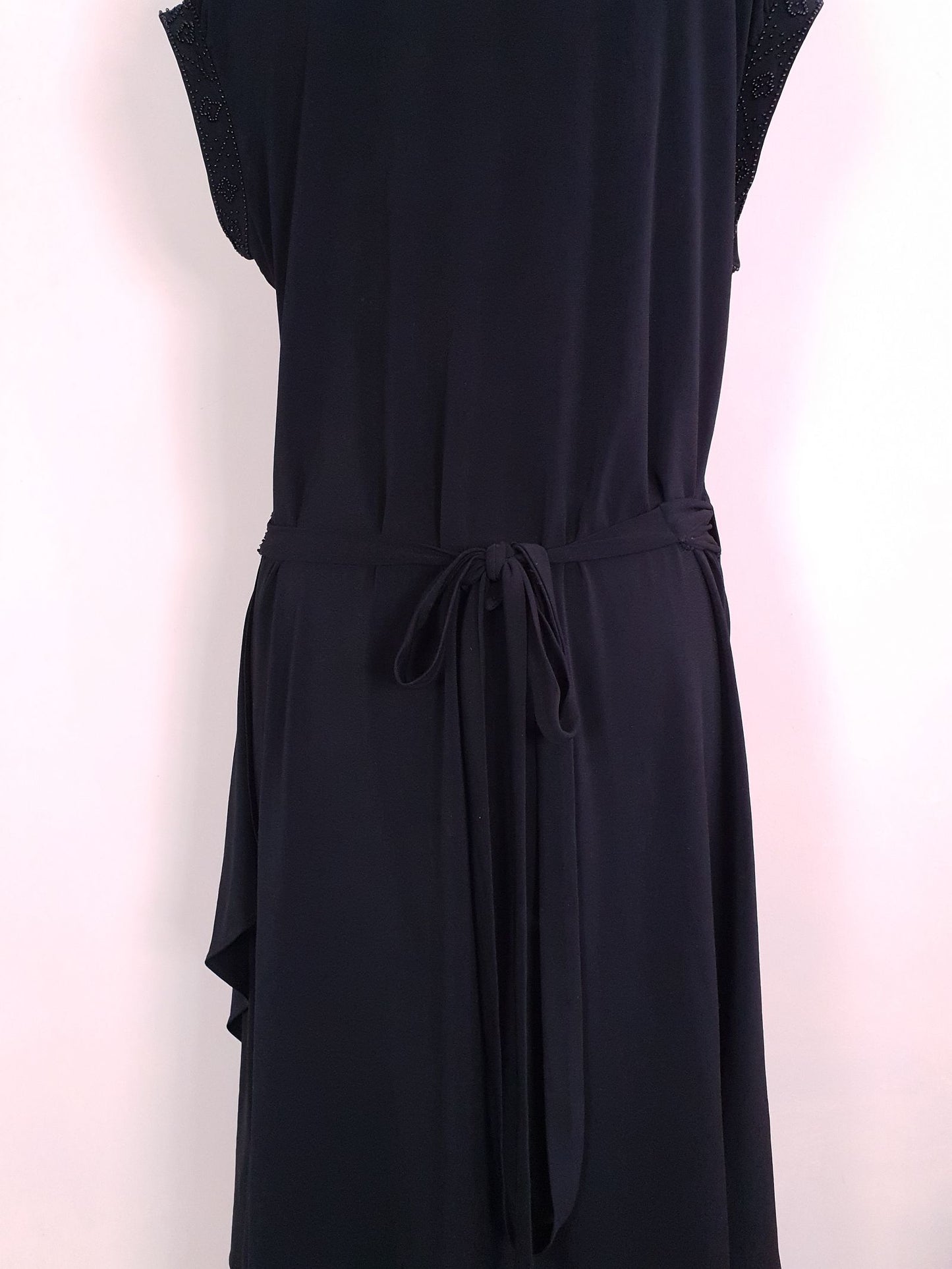 Vintage Laura Ashley Black Beaded Wrap Dress Midi - Size 14/16 LBD