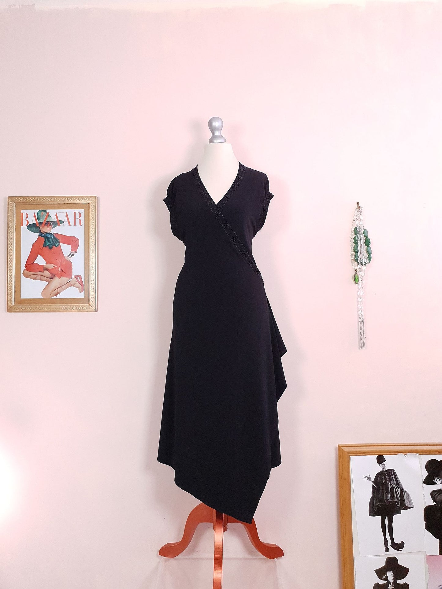 Vintage Laura Ashley Black Beaded Wrap Dress Midi - Size 14/16 LBD