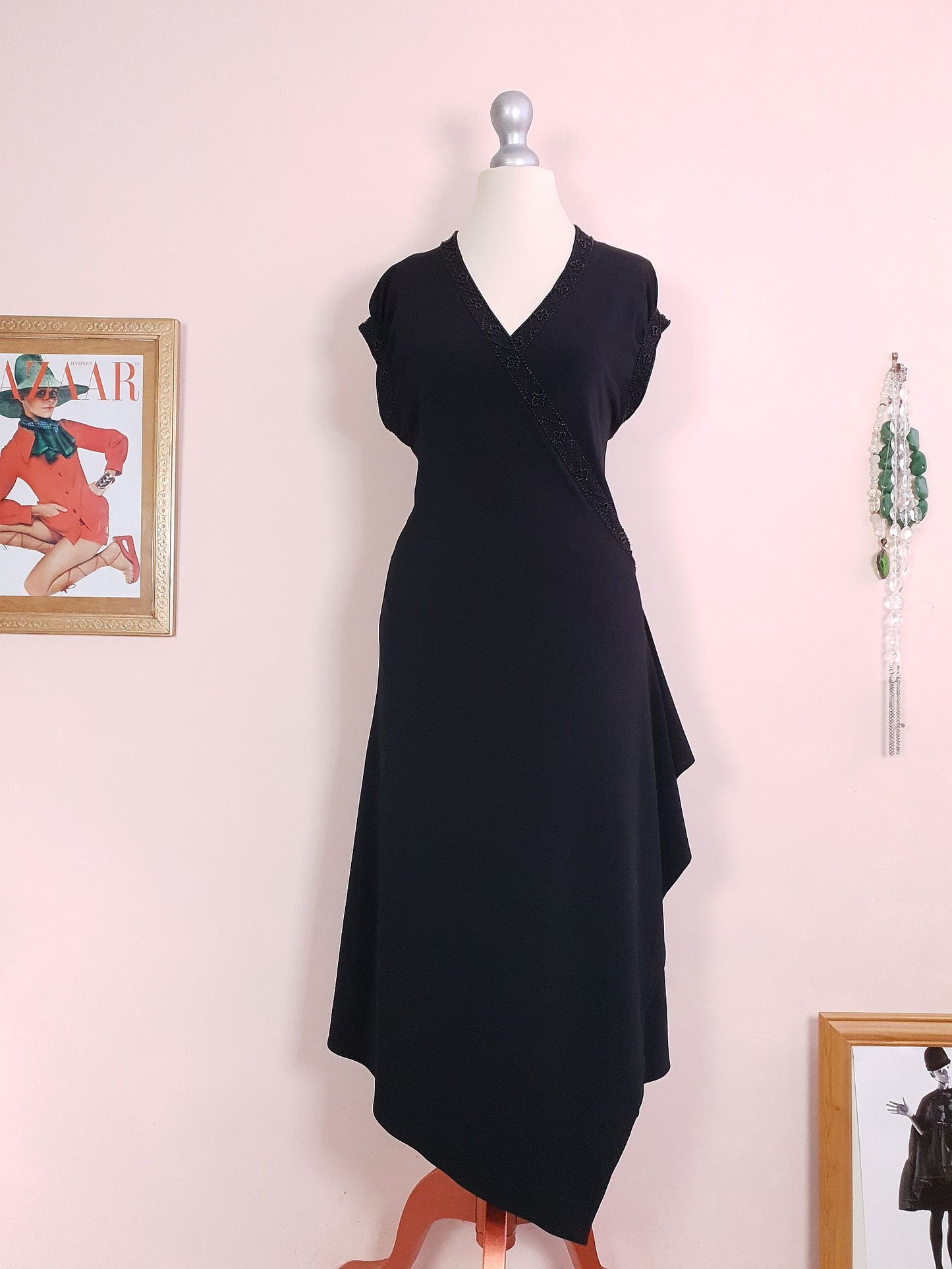 Vintage Laura Ashley Black Beaded Wrap Dress Midi - Size 14/16 LBD