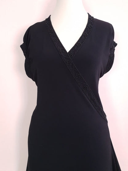 Vintage Laura Ashley Black Beaded Wrap Dress Midi - Size 14/16 LBD