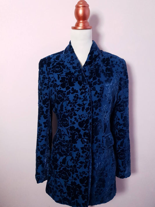 English Classics - Beautiful Laura Ashley Blue Flower & Leaf Flock Silk Jacket - Size 8