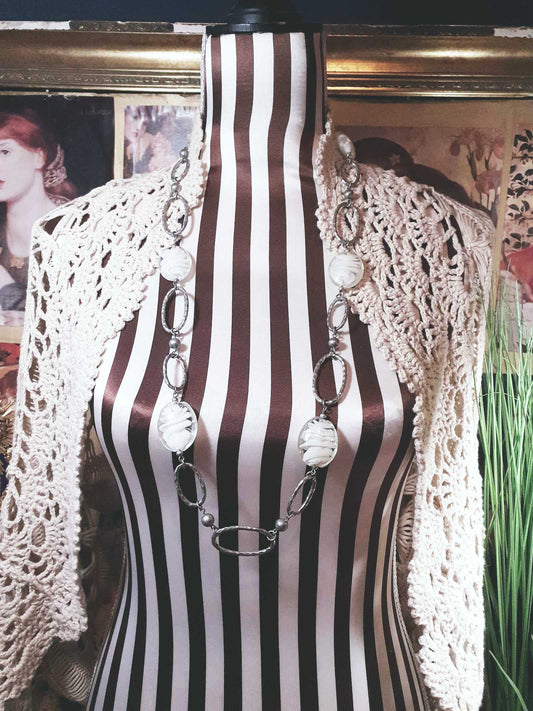 Vintage Laura Ashley Long Necklace 35" White Glass Silver Tone