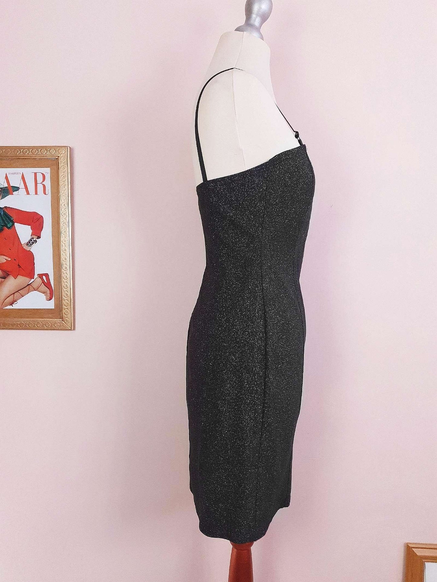 Vintage 1980s Black Glitter Mini Dress Cocktail Party Evening LBD - Size 10 / 12