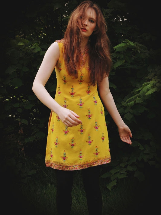 Vintage Yellow Chiffon Kaftan Boho Tunic Top Dress Sequined Embroidered Size 10