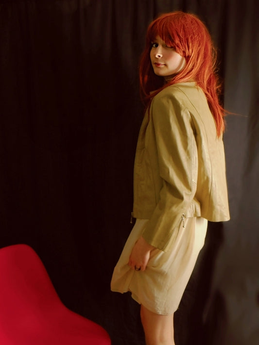 Vintage 90s Tan Leather Jacket Ladies Size 14 Retro