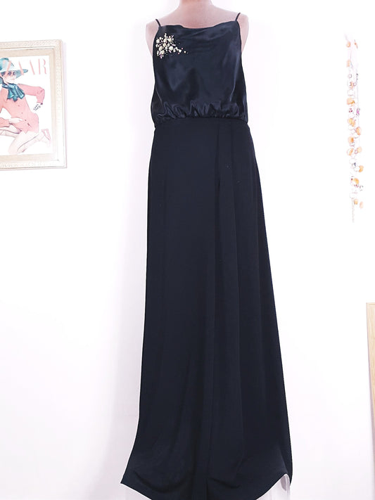 Vintage Black Silk Sequin Dress Monsoon Evening Gown Maxi Party - Size 8