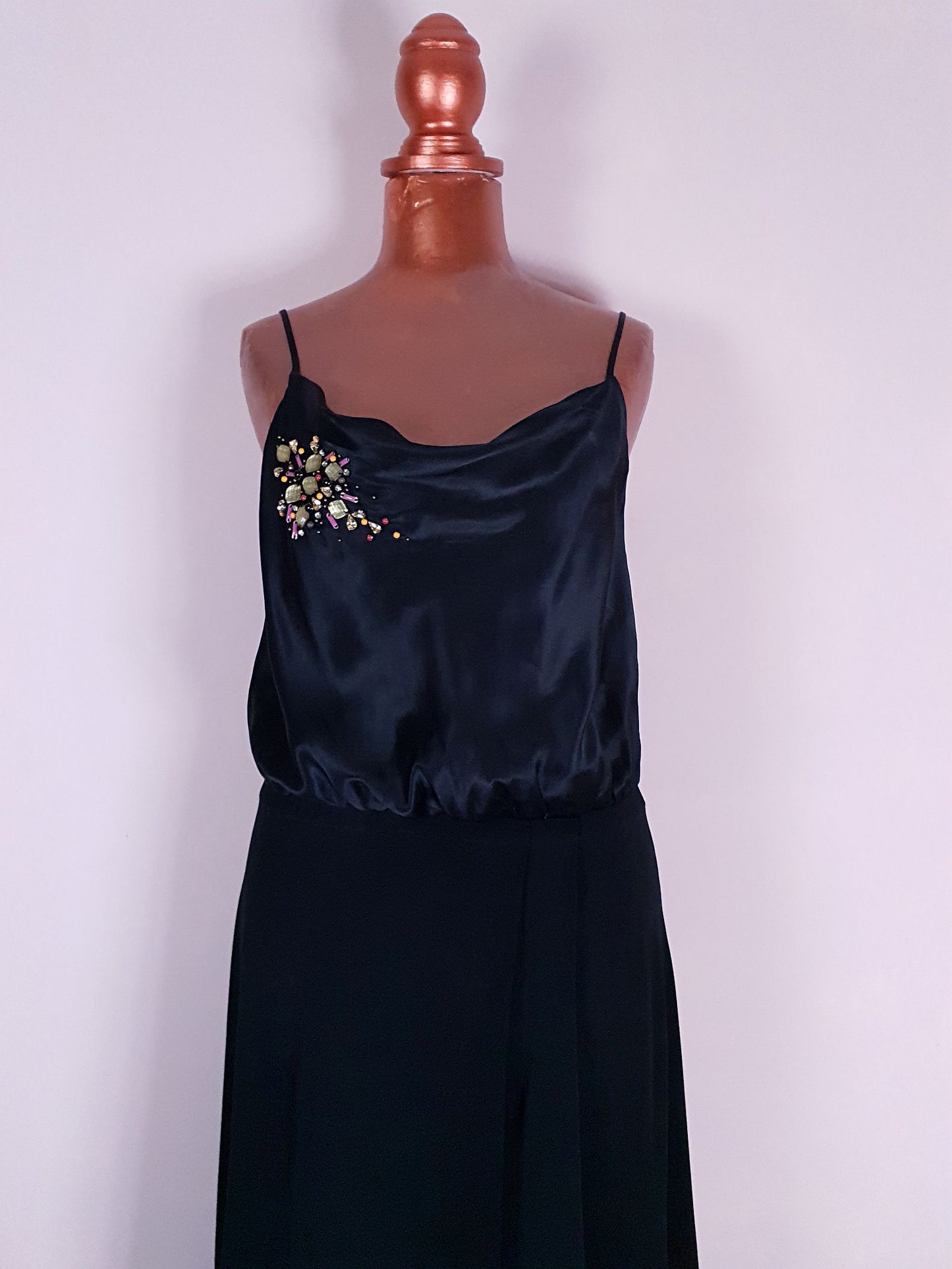 Black Silk Sequin Dress Evening Gown Maxi Party - Size 8