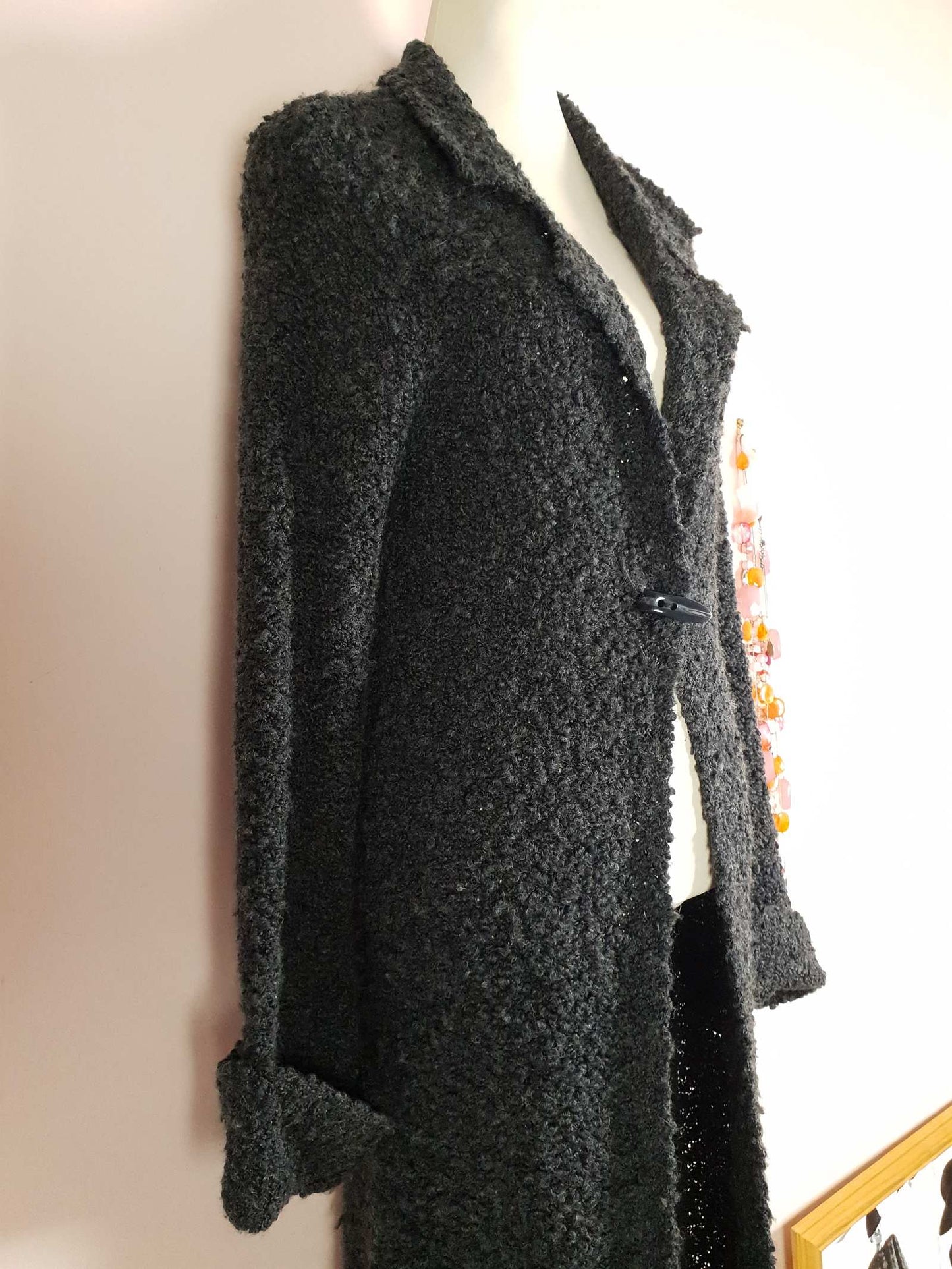 Vintage Boucle Cardigan Coat Dark Grey Size 12