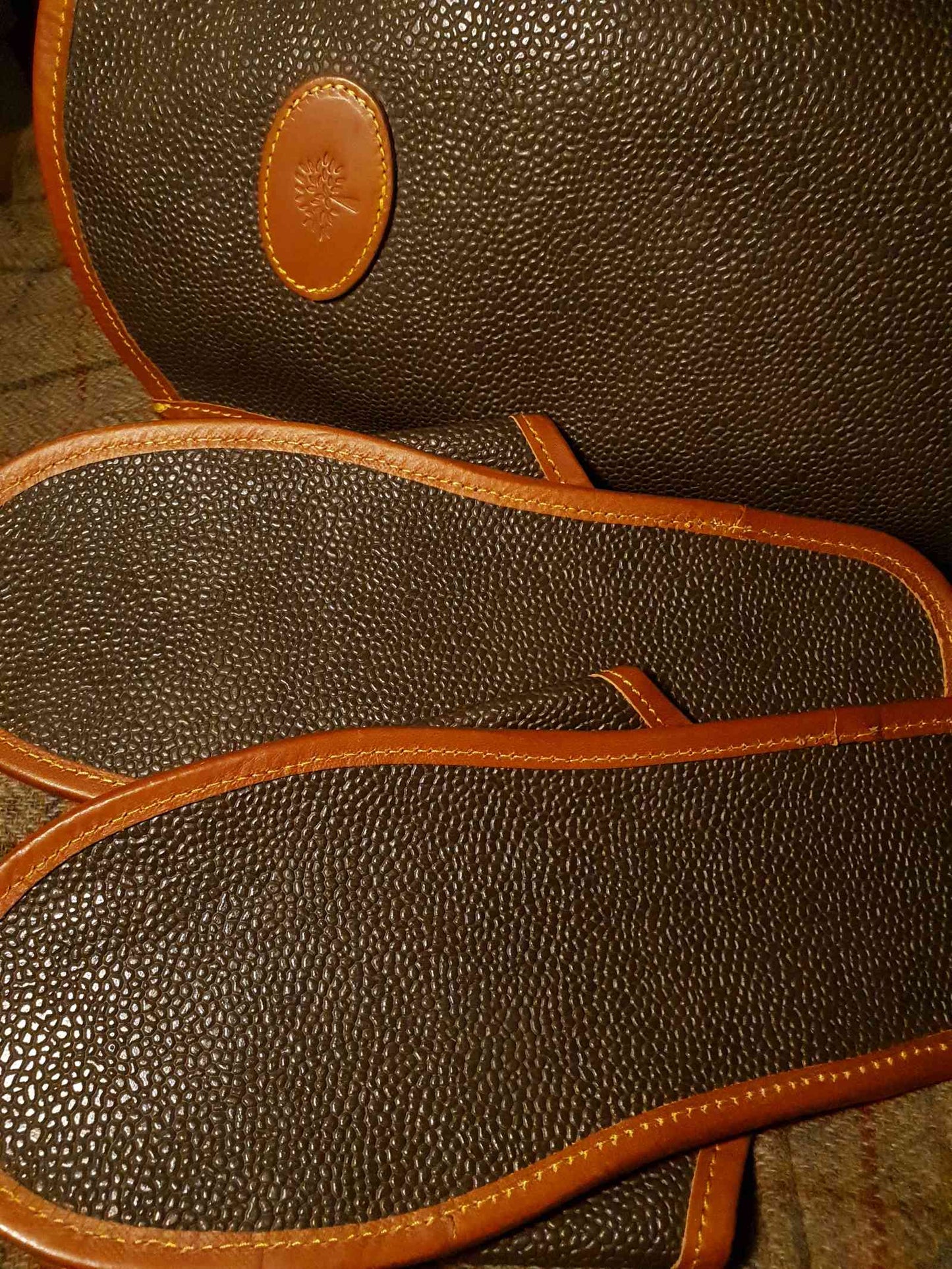 English Classics - Mulberry Mole & Brandy Scotchgrain Slippers & Case - Size 8/8.5