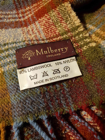 Vintage Mulberry Plaid Wool Scarf 1990s Tartan Check Lambswool