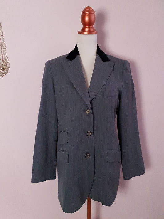 Stylish Pre-Loved 1990s Grey Wool & Velvet Nicole Farhi Jacket Blazer - Size 12/14