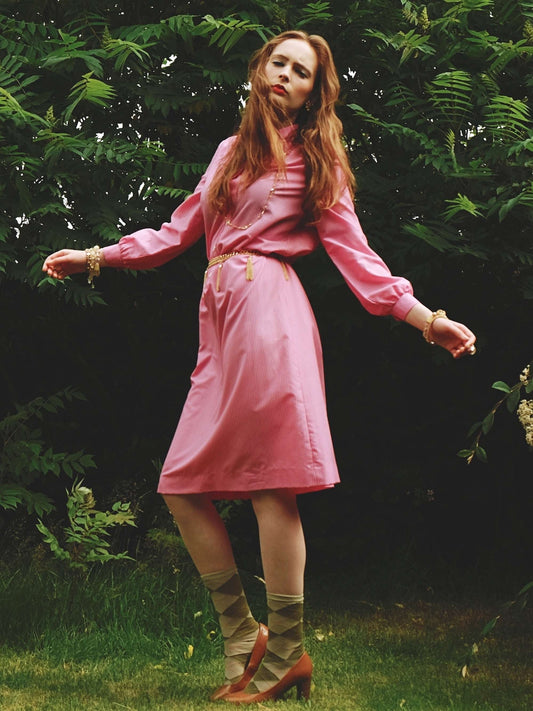 1970s Vintage Cerise Pink Striped Dress Midi Retro - Size 12