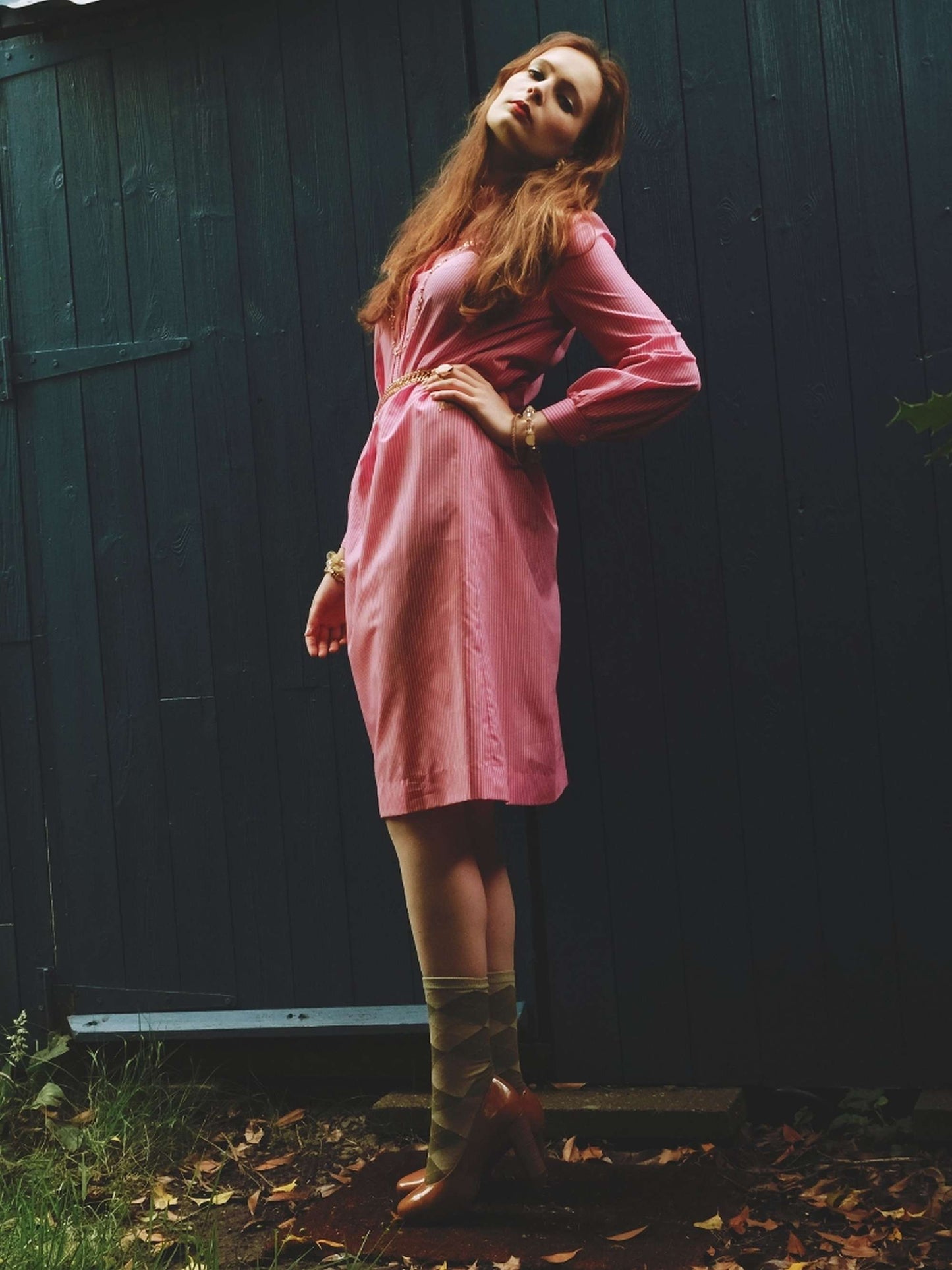1970s Vintage Cerise Pink Striped Dress Midi Retro - Size 12