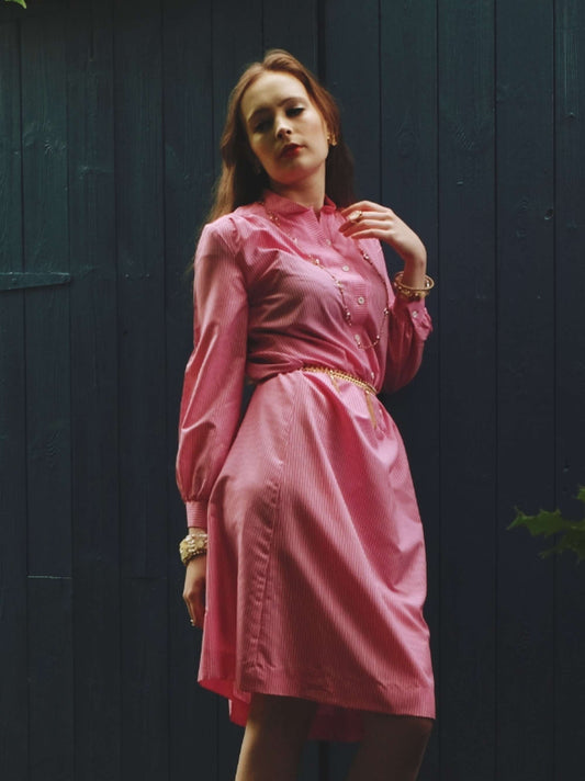 Vintage 1970s Pink Striped Day Dress - Size 12