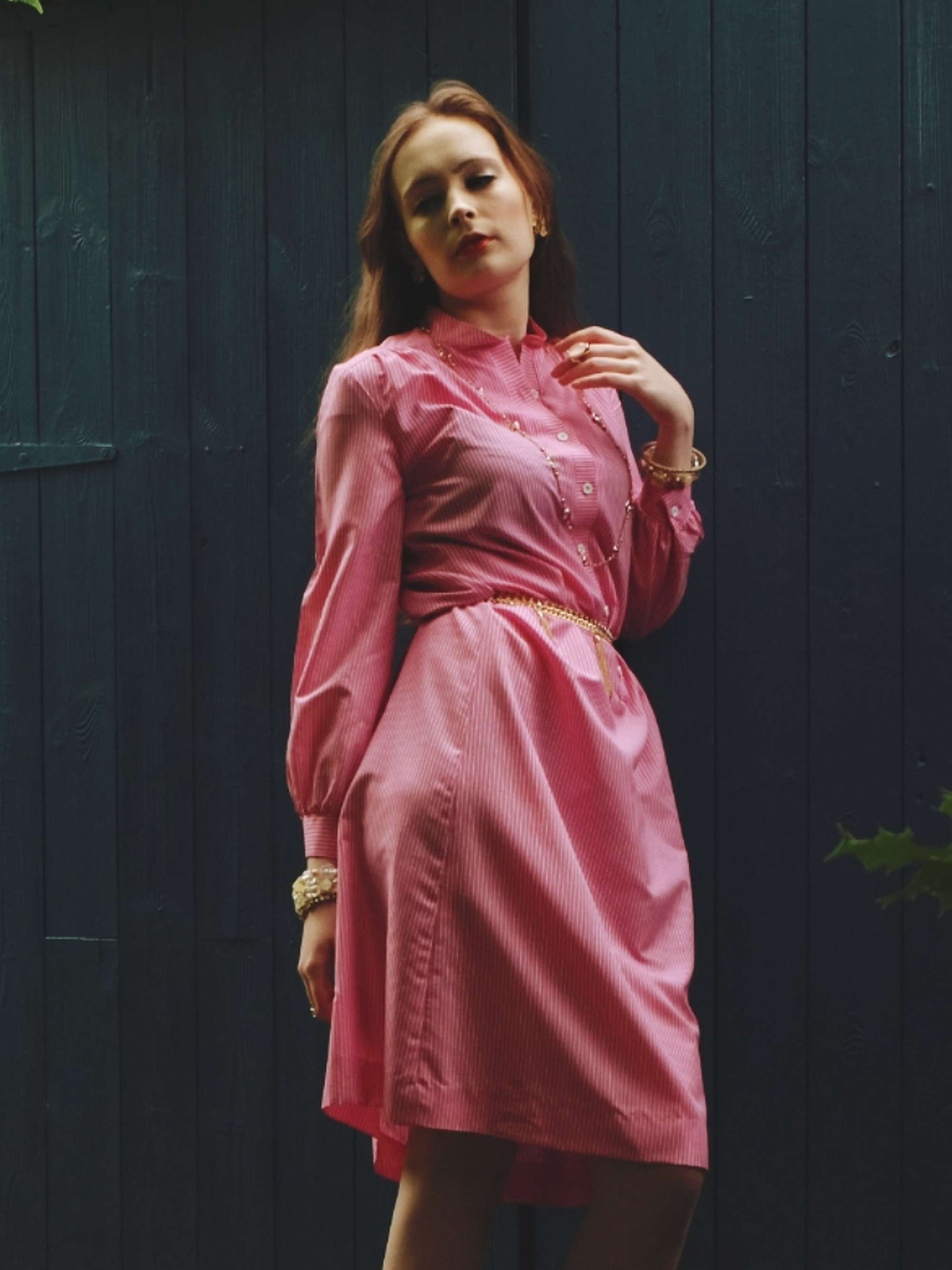 1970s Vintage Cerise Pink Striped Dress Midi Retro - Size 12