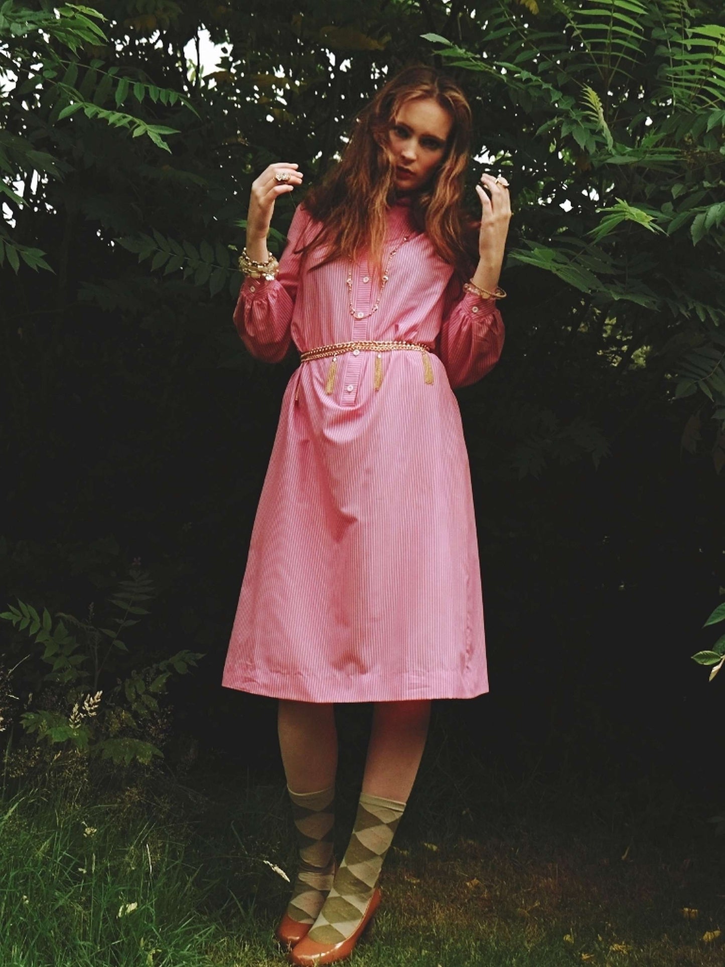 1970s Vintage Cerise Pink Striped Dress Midi Retro - Size 12