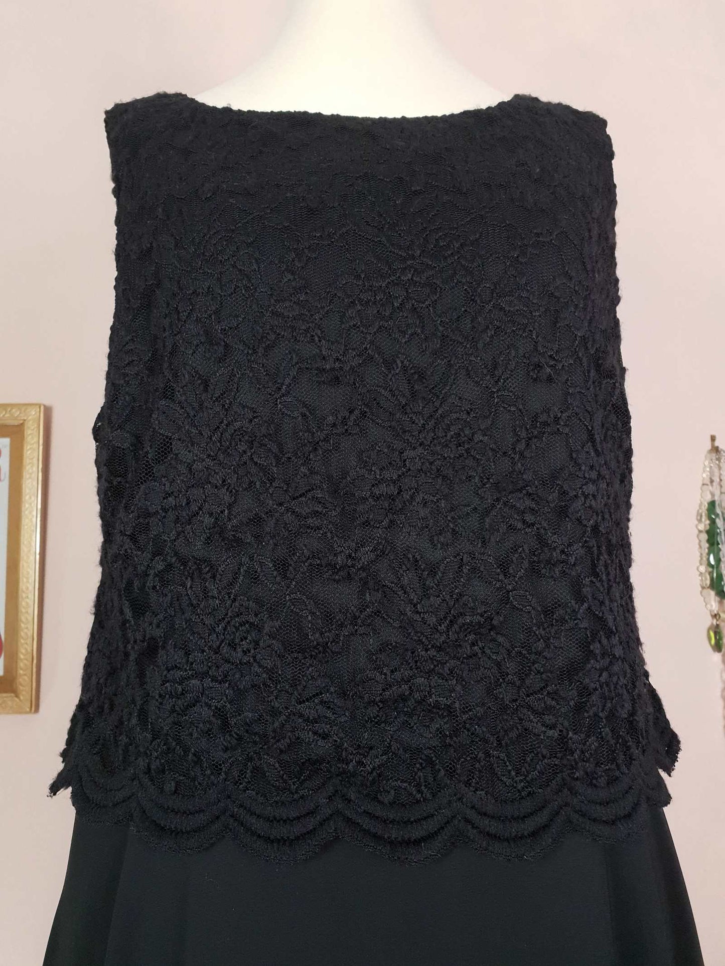 Black Lace & Chiffon Dress Size 12 Party Fit & Flare Midi - Pre-Loved
