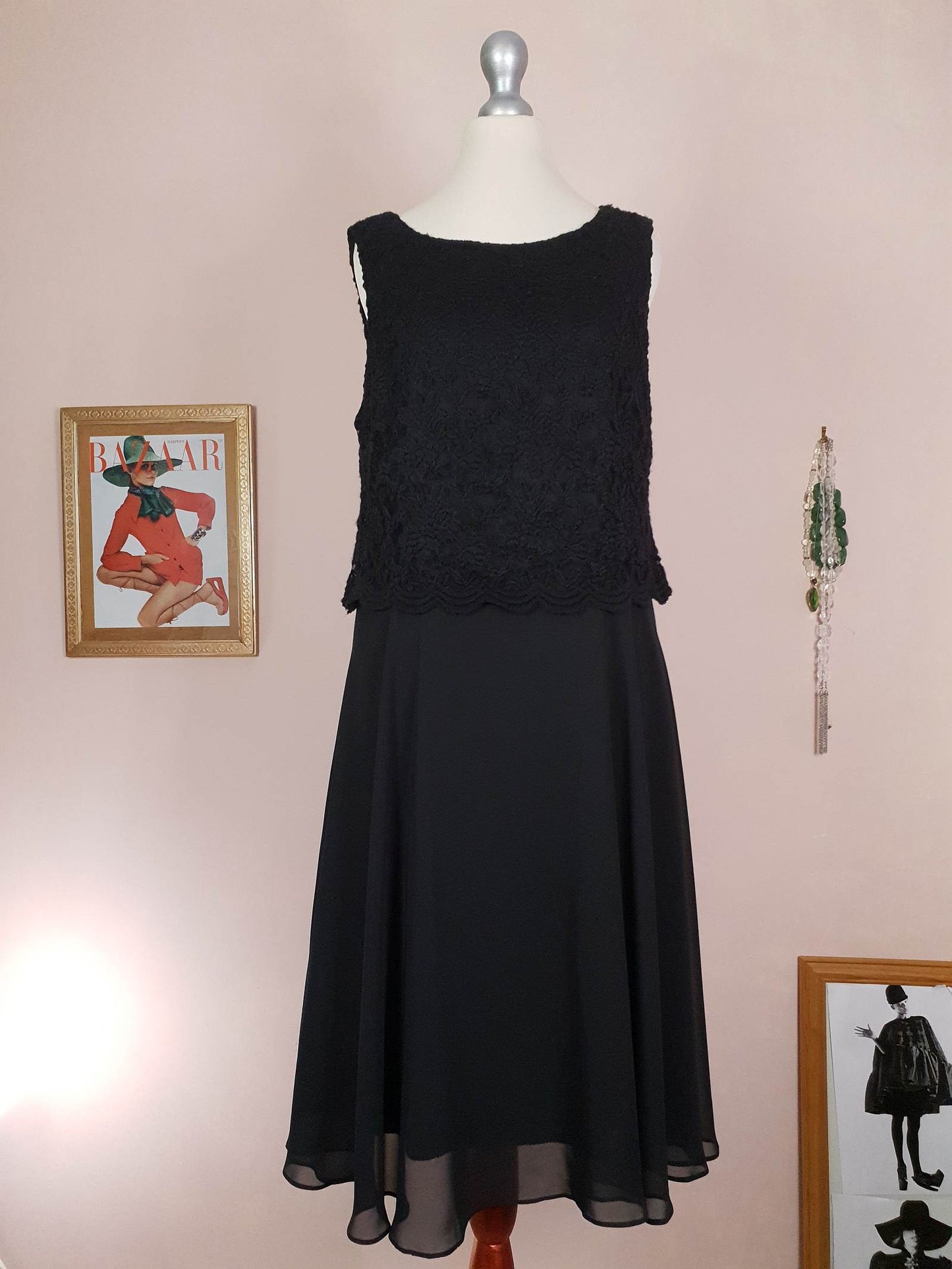 Black Lace & Chiffon Dress Size 12 Party Fit & Flare Midi - Pre-Loved