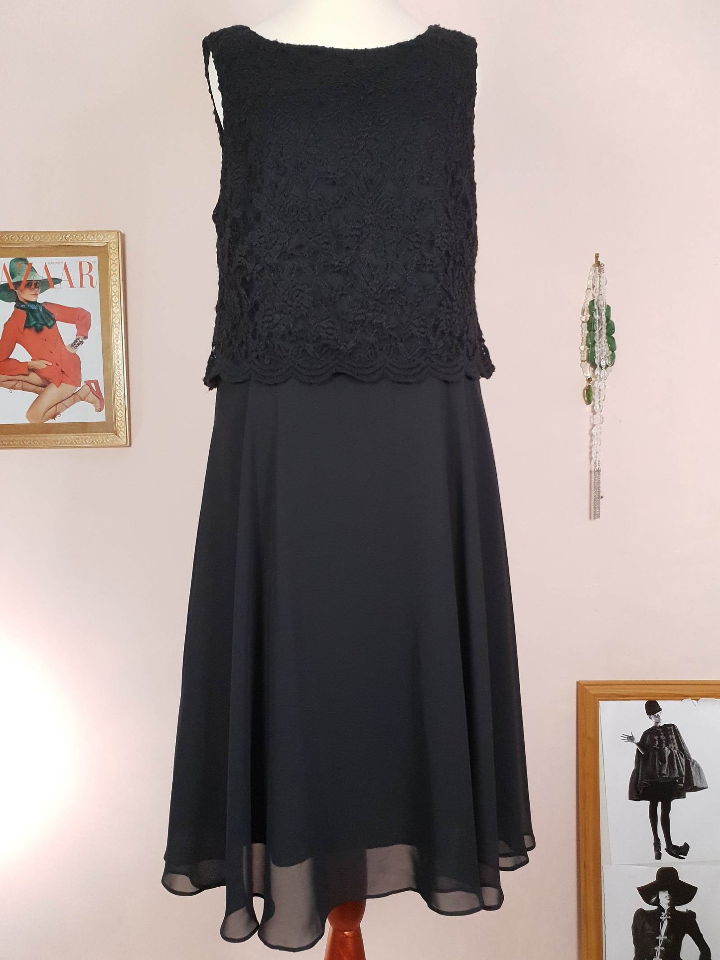 Black Lace & Chiffon Dress Size 12 Party Fit & Flare Midi - Pre-Loved