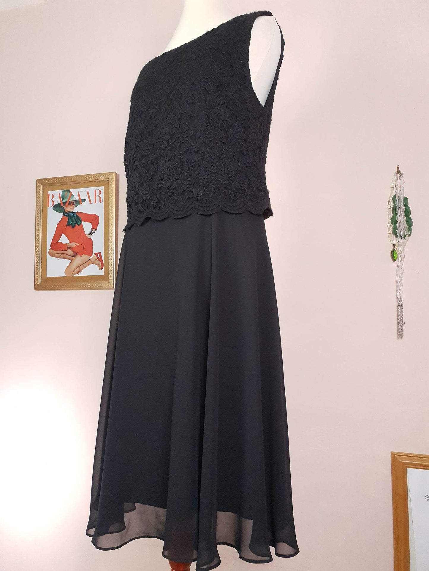 Black Lace & Chiffon Dress Size 12 Party Fit & Flare Midi - Pre-Loved