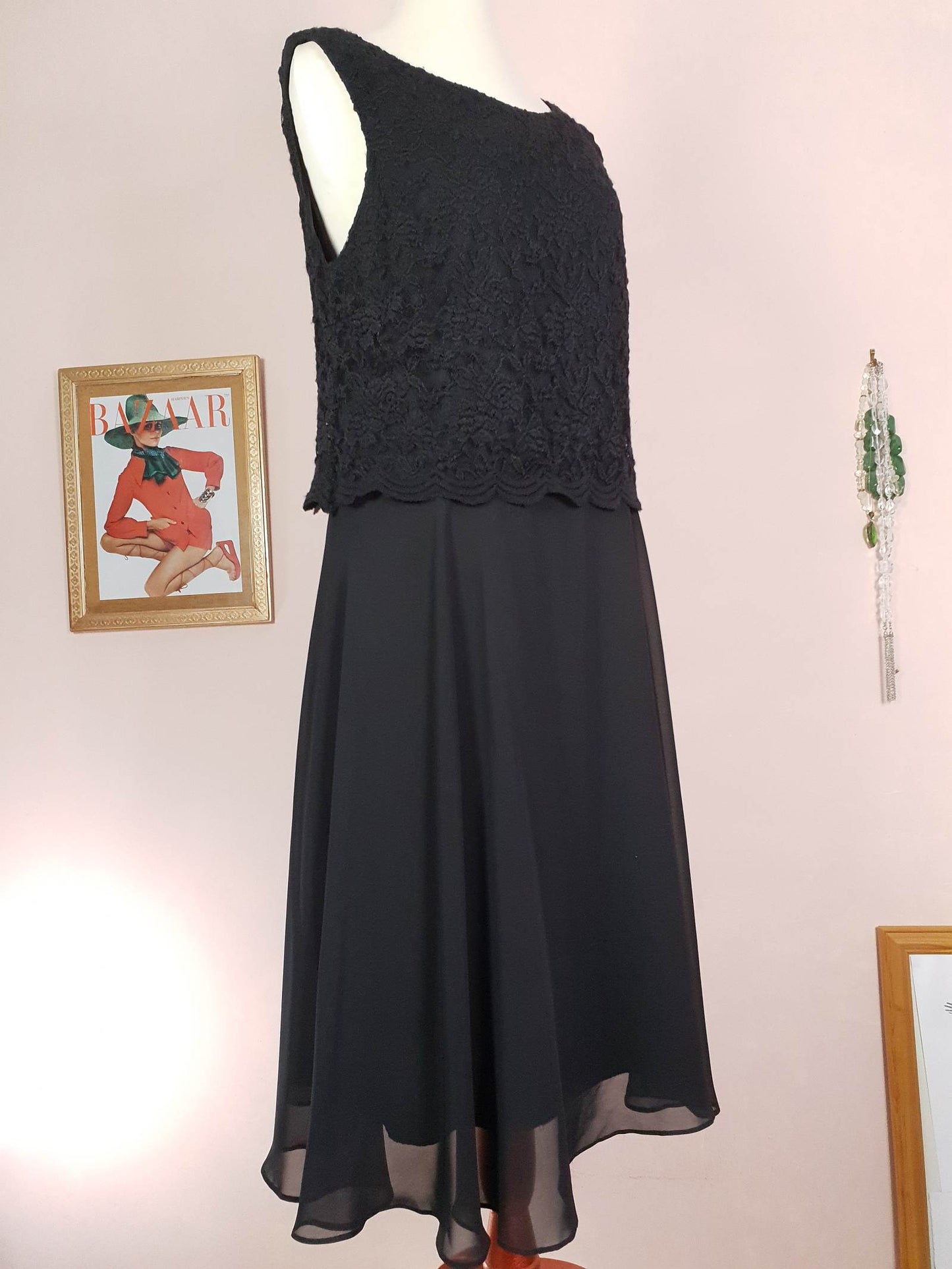 Black Lace & Chiffon Dress Size 12 Party Fit & Flare Midi - Pre-Loved