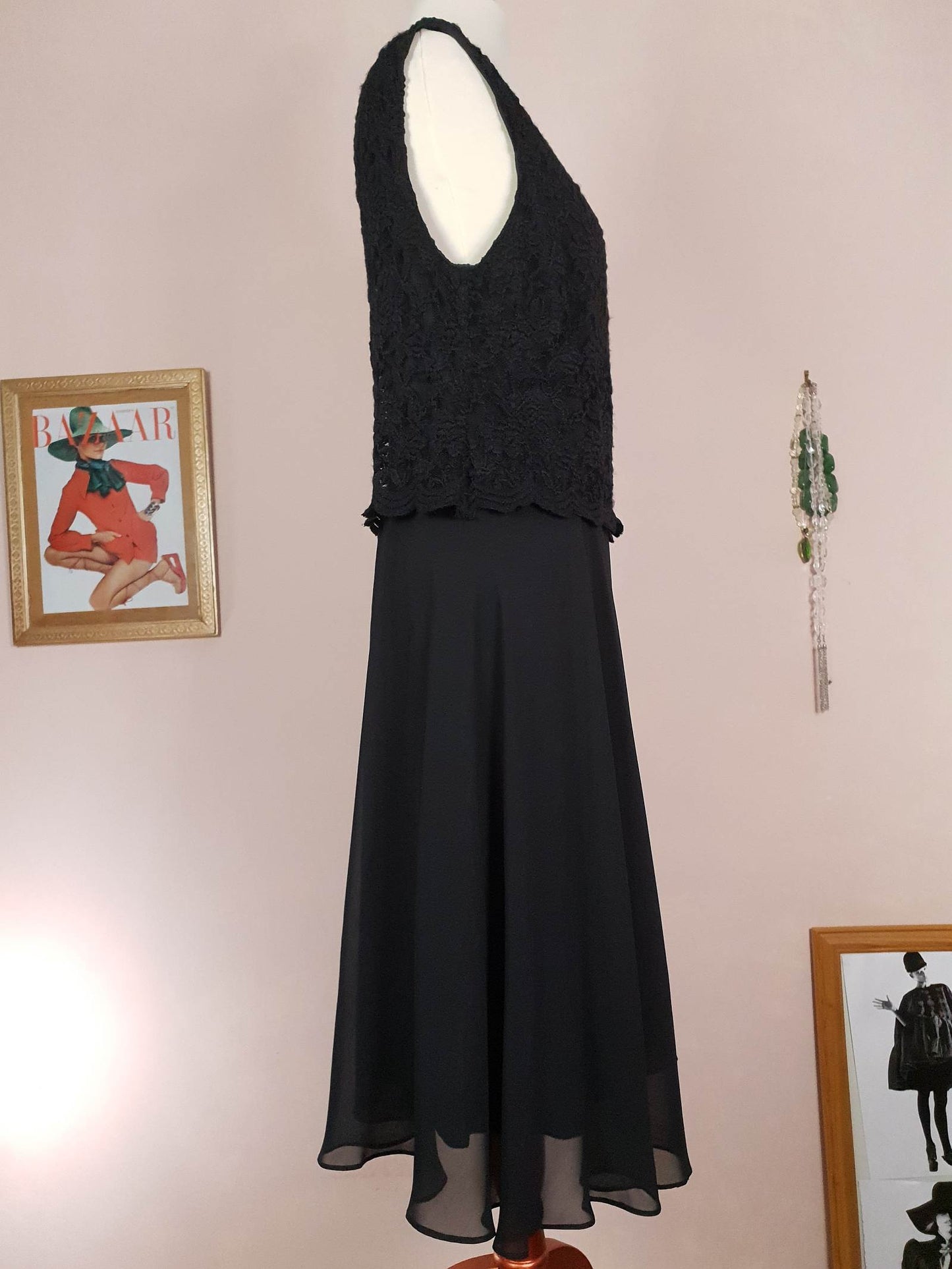 Black Lace & Chiffon Dress Size 12 Party Fit & Flare Midi - Pre-Loved