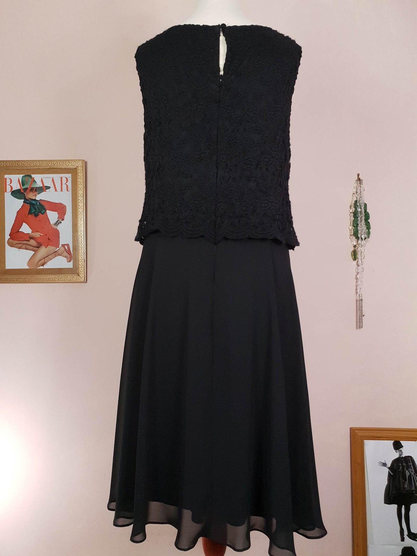 Black Lace & Chiffon Dress Size 12 Party Fit & Flare Midi - Pre-Loved