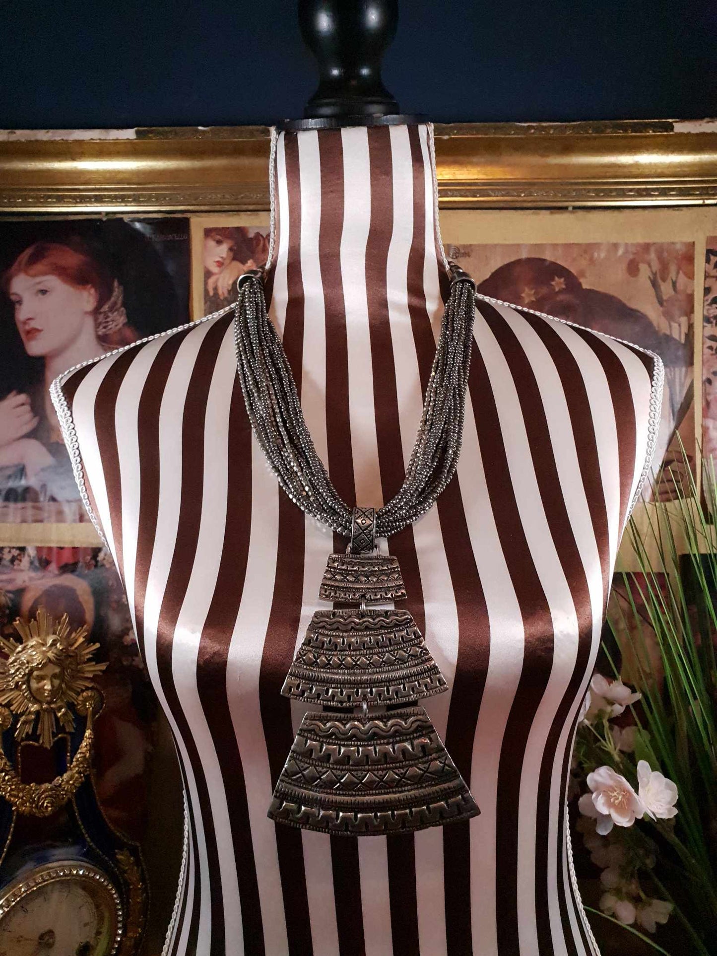 Boho Hematite Statement Necklace 24" Multi Strand Bohemian