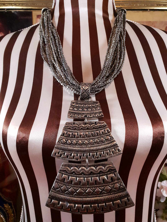 Boho Hematite Statement Necklace 24" Multi Strand Bohemian