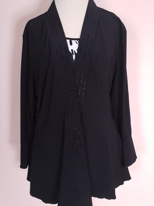 Vintage Black & White Top Cardigan 90s Abstract Print Beaded Size 20