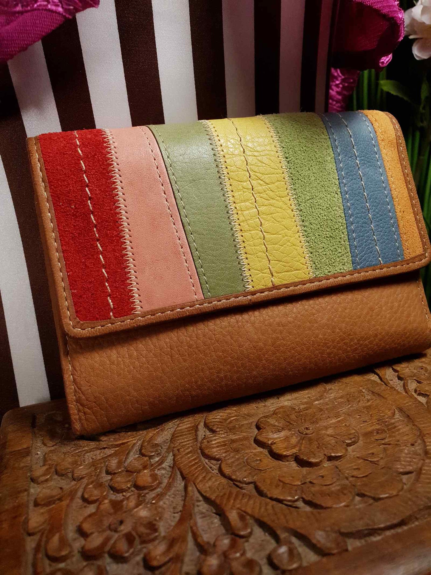 Fossil Leather Ladies Wallet Purse Multi Coloured Stripes - Pre-Owned