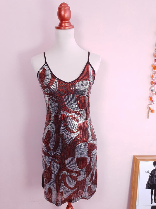 Cute Pre- Loved 90s Copper and Silver Sequin Party Dress - Size 10/12