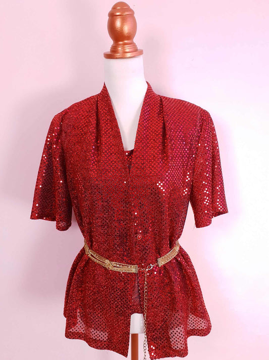 Dazzling Vintage 1980s Red Sparkly Glitter Sequin Top - Oversize