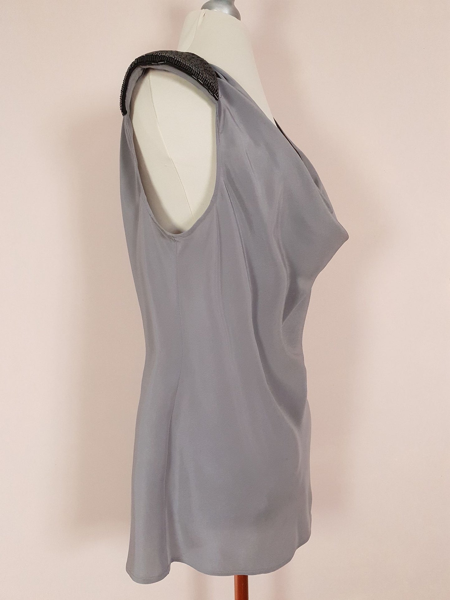 Pre-owned Kenneth Cole Grey Silk Top Beaded Evening Size 14 Draped