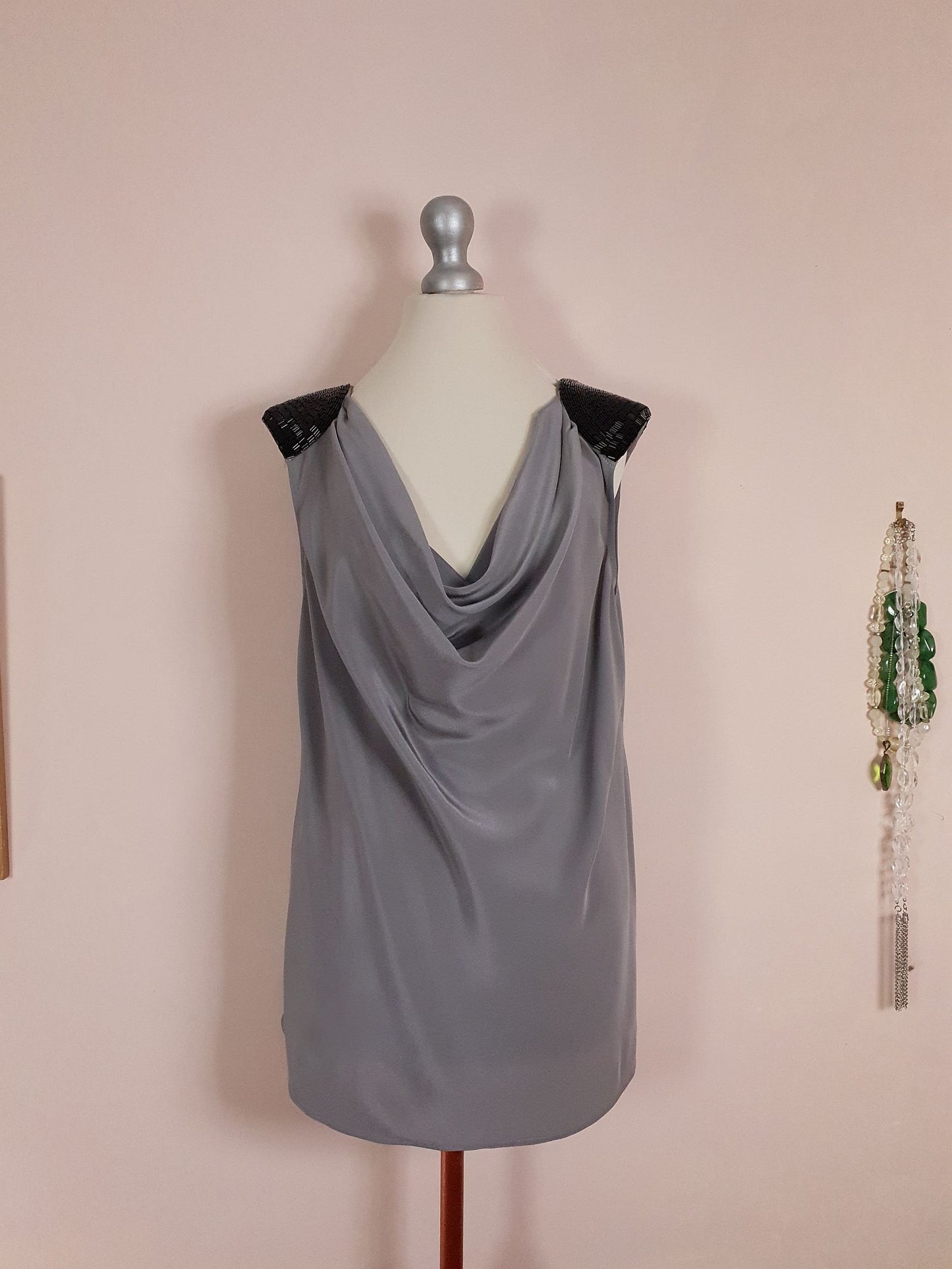 Pre-owned Kenneth Cole Grey Silk Top Beaded Evening Size 14 Draped