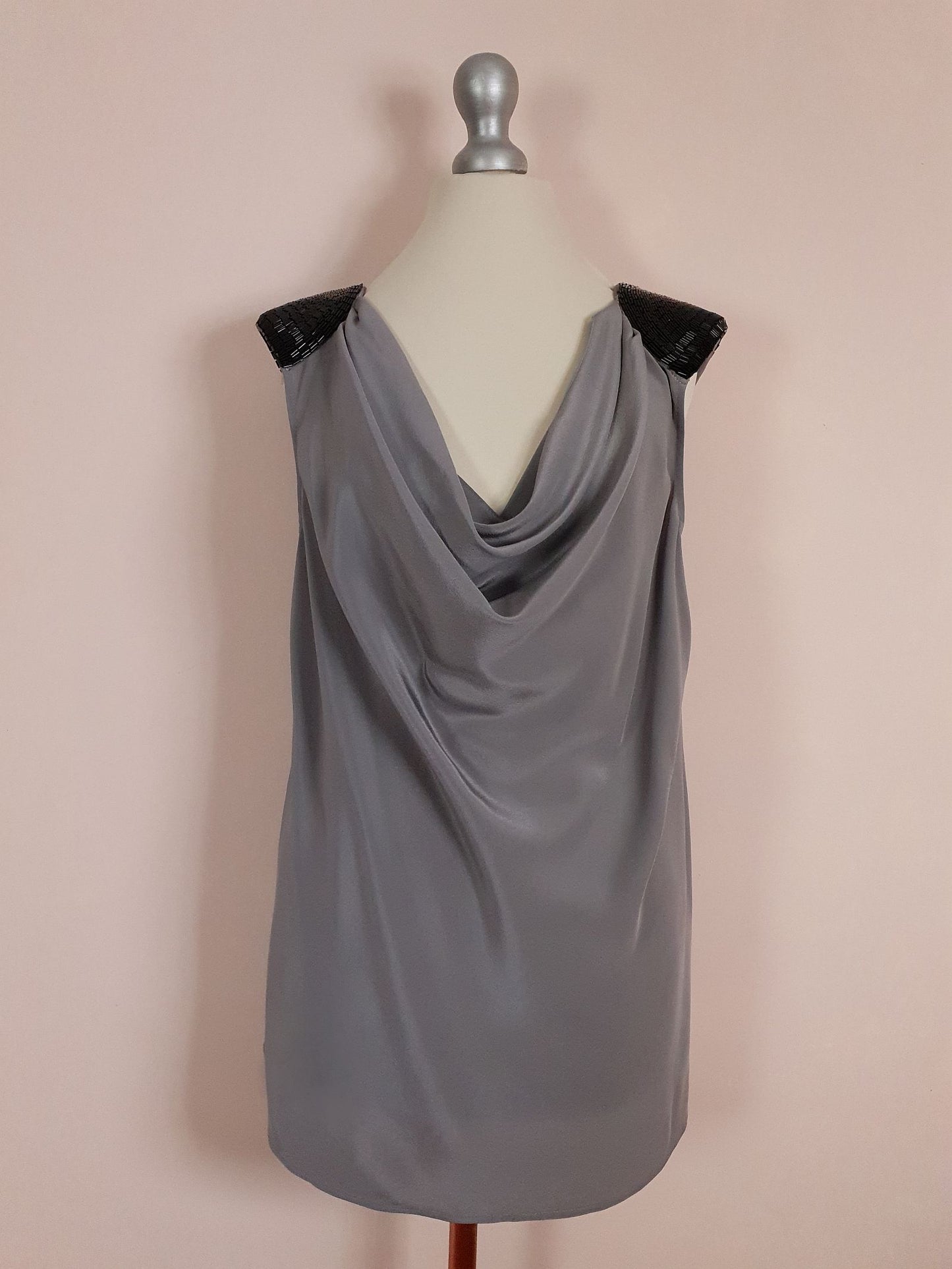 Pre-owned Kenneth Cole Grey Silk Top Beaded Evening Size 14 Draped