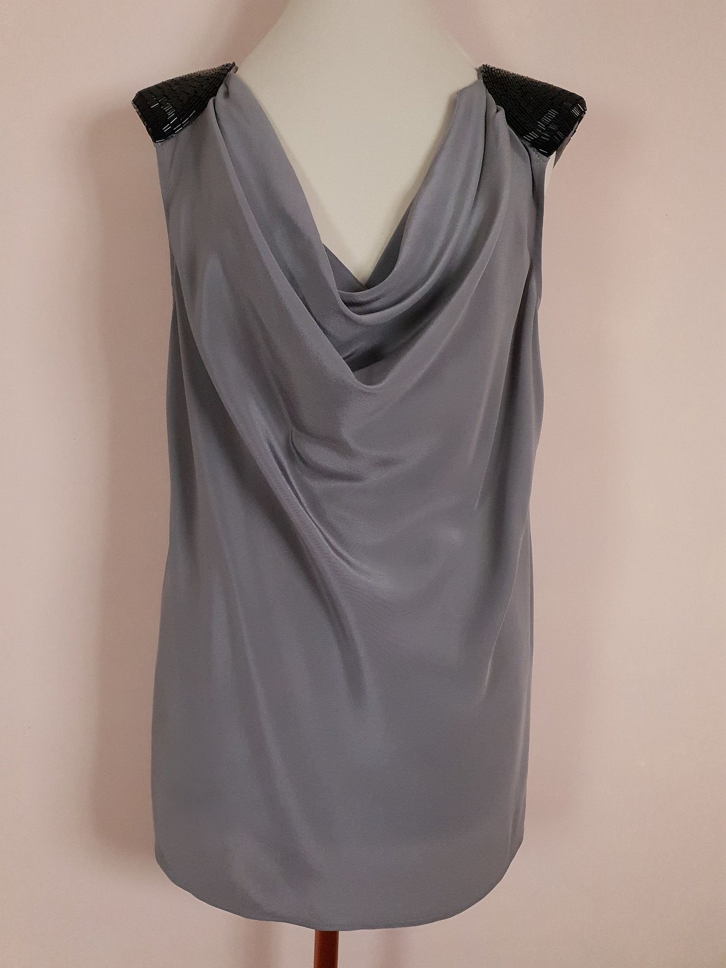 Pre-owned Kenneth Cole Grey Silk Top Beaded Evening Size 14 Draped