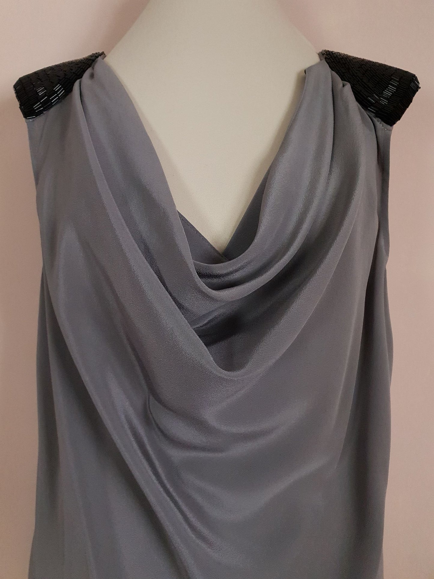 Pre-owned Kenneth Cole Grey Silk Top Beaded Evening Size 14 Draped