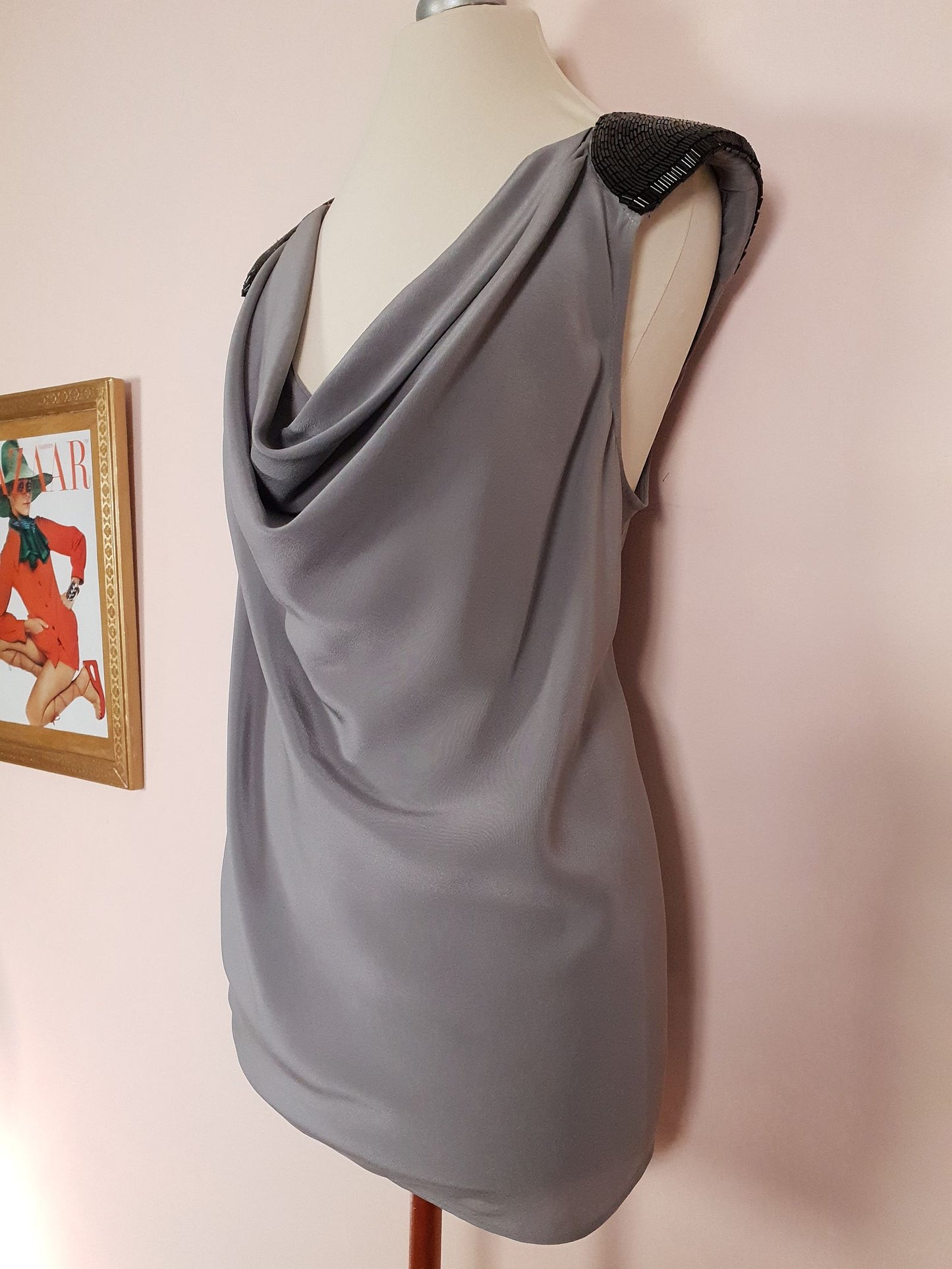 Pre-owned Kenneth Cole Grey Silk Top Beaded Evening Size 14 Draped