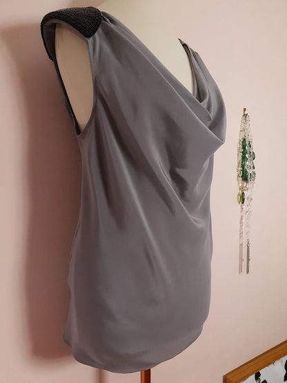 Pre-owned Kenneth Cole Grey Silk Top Beaded Evening Size 14 Draped